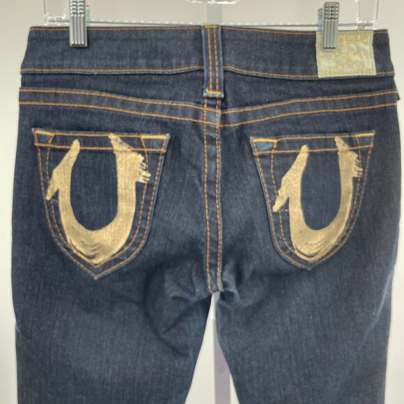True Religion Womens 29 Vintage Joey Bell Bottoms Dark Wash Metallic Gold Trim - Picture 4 of 12